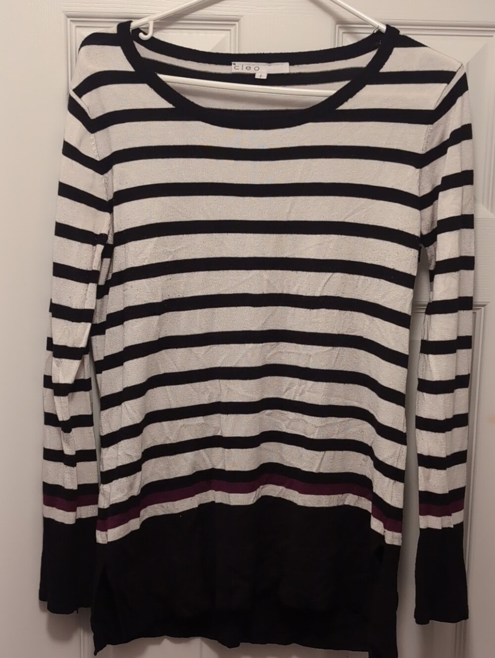 cleo Black and White Striped Long-Sleeve Top with Burgundy Accent